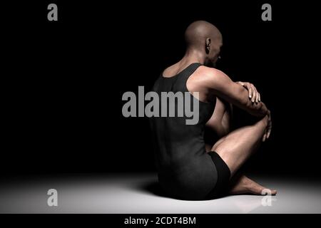 Triste, déprimé homme assis seul sur le sol dans un spot sombre. Dépression, douleur Banque D'Images