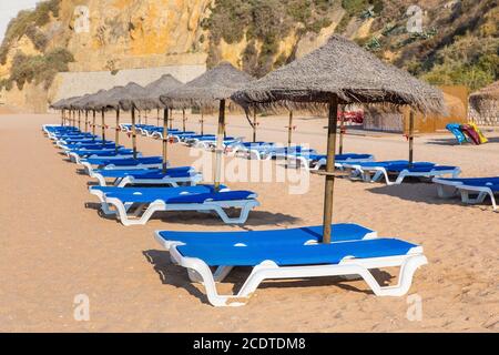 Rangées de parasols en osier et de lits de plage Banque D'Images