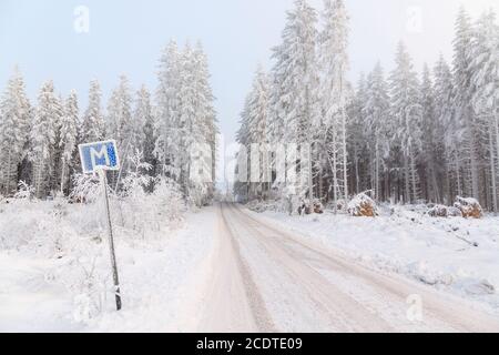 Lieu de rencontre sur une étroite route forestière dans un beau paysage d'hiver Banque D'Images