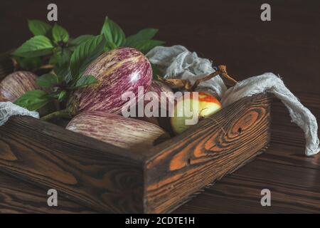 Aubergines à graffiti violet, oignon et basilic frais vert dans une boîte en bois dans un fond en bois vintage dans un style rustique, sélectif Banque D'Images