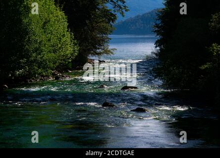 Vue sur la rivière Correntoso (Rio Correntoso), s'étend du lac Correntoso au lac Nahuel Huapi, se présentant comme l'une des rivières les plus courtes du monde. VI Banque D'Images