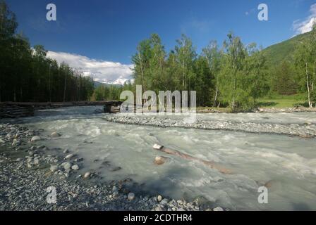 La rivière de montagne dans les montagnes. Courant à travers la gorge de la rivière. Pierres et terre rocheuse près de la rivière. Magnifique mounta Banque D'Images