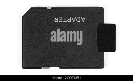 Vue de dessus de la carte mémoire microSD dans l'adaptateur isolé sur arrière-plan blanc avec masque Banque D'Images