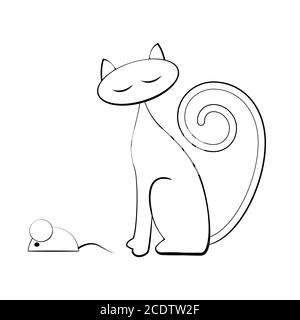 Chat et souris en profil. Image de contour noir et blanc sur un arrière-plan blanc isolé. Illustration vectorielle Illustration de Vecteur