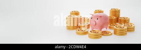 Tirelire avec pièce d'or sur fond blanc isolé. Bandeau panoramique grand angle avec espace de copie sur le côté gauche. Economies d'argent et affaires econo Banque D'Images