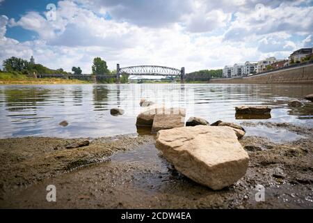 Rive de l'Elbe au Cathedral-Rock à Magdebourg à marée basse. En arrière-plan l'ascenseur br Banque D'Images