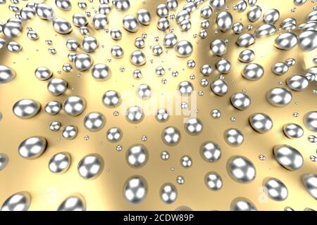 Billes de platine en argent ou or blanc sur fond d'onde jaune métallique. Illustration 3D de modélisation. Mine de richesse bitcoin co Banque D'Images