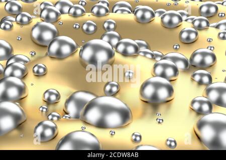 Billes de platine en argent ou or blanc sur fond d'onde jaune métallique. Illustration 3D de modélisation. Mine de richesse bitcoin co Banque D'Images