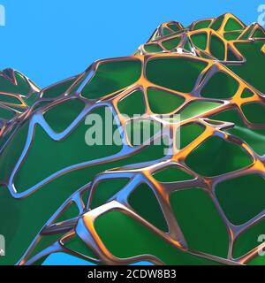 Résumé le rendu 3D de la structure du paysage vert chaotique avec cadre doré. La forme futuriste dans l'espace vide Banque D'Images