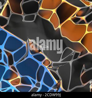 Rendu 3d abstrait noir chaotique de la structure du paysage avec cadre doré. La forme futuriste dans l'espace vide Banque D'Images