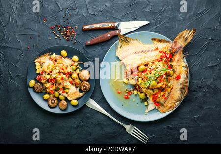 Plie ou poisson plat cuit avec des légumes. Poisson frit avec garniture de légumes Banque D'Images