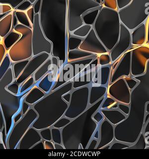 Rendu 3d abstrait noir chaotique de la structure du paysage avec cadre doré. La forme futuriste dans l'espace vide Banque D'Images