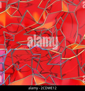 Rendu 3d abstrait de fenêtres en verre rouge chaotique la structure du paysage avec cadre doré. Texture background futuriste Banque D'Images