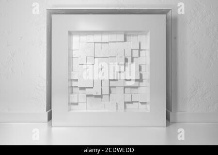 Minimalisme, affiche maquette, intérieur d'illutratation 3d. Cadre blanc dans une niche dans le mur plâtré rempli de Bo décalé chaotique Banque D'Images