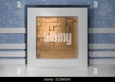 Minimalisme, affiche maquette, intérieur d'illutratation 3d. Cadre blanc dans une niche dans le mur en plâtré bleu rempli d'or chaotique Banque D'Images