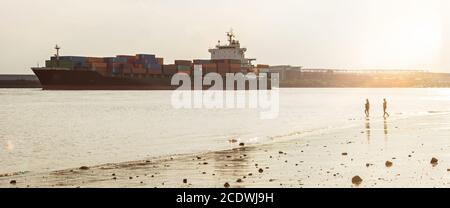 Grand bateau à conteneurs et plage de la ville à l'Elbe à Hambourg, Allemagne pendant le coucher du soleil pittoresque Banque D'Images