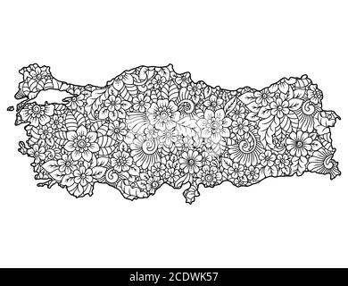 Carte de la Turquie remplie d'un motif floral très détaillé. Décoration fleur de style oriental mehndi. Page de livre de coloriage Doodle. Illustration de Vecteur