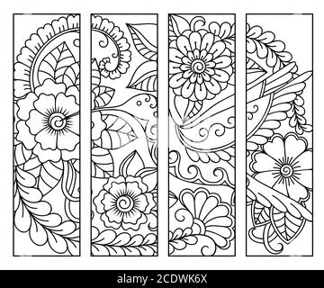 Signet pour livre - coloriage. Ensemble d'étiquettes noires et blanches avec motifs floraux, dessin à la main dans le style mehndi. Croquis d'ornements pour la créativité Illustration de Vecteur