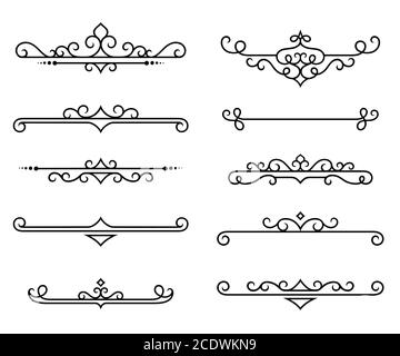 Séparateurs décoratifs calligraphiques. Ensemble d'éléments de conception de texte rétro. Boucles, cadres, tourbillons, fleurons, défilés pour le dessin de la lettre, carte postale, trempette Illustration de Vecteur