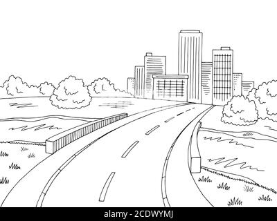 Graphique de pont de route noir blanc paysage ville esquisse vecteur d'illustration Illustration de Vecteur