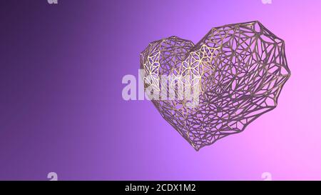 Coeur moderne doré filaire sur fond violet avec espace de copie pour votre texte. Bonne Saint Valentin, 14 février, amour. Romanti Banque D'Images