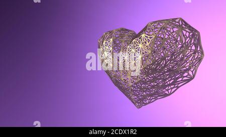 Coeur moderne doré filaire sur fond violet avec espace de copie pour votre texte. Bonne Saint Valentin, 14 février, amour. Romanti Banque D'Images