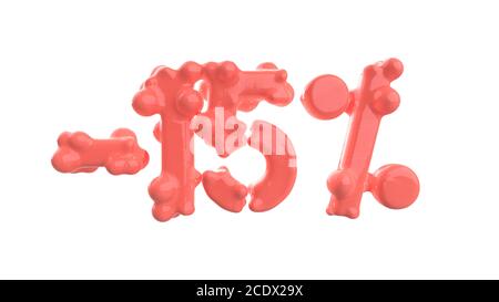 Le signe -15off. Faite de corail vivant matériel isoler rose sur fond blanc. 3d illustration Banque D'Images