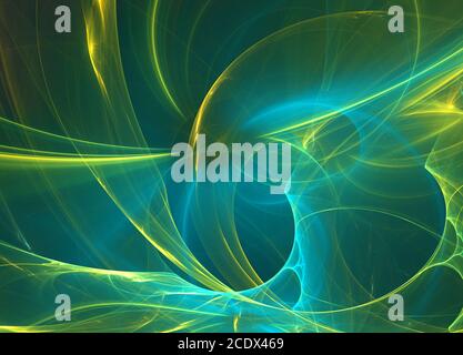 Vert brillant des lignes courbes et cercles sur fond sombre. Illustration Banque D'Images