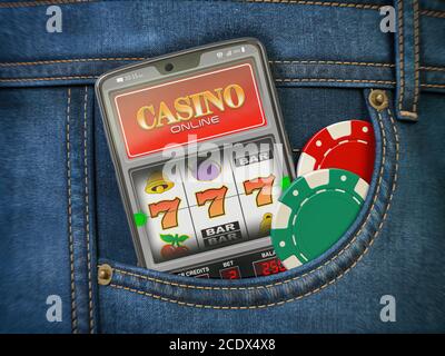 Casino en ligne. Téléphone mobile ou smartphone avec jackpot de machine à slota sur l'écran dans la poche de jeans. illustration 3d Banque D'Images