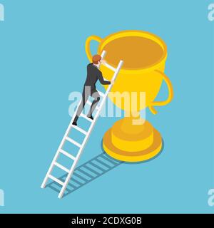 L'homme d'affaires isométrique 3d plate monte l'échelle jusqu'au trophée. Le concept de réussite commerciale et d'échelle de carrière. Illustration de Vecteur