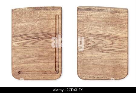 Vue du dessus de la planche à découper en bois isolée sur fond blanc. Texture de la planche à découper en bois. Deux côtés de planche à découper en bois Banque D'Images