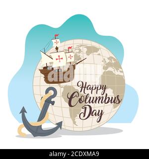 Navire de Columbus avec la sphère mondiale et l'ancre de Happy columbus motif vectoriel de jour Illustration de Vecteur