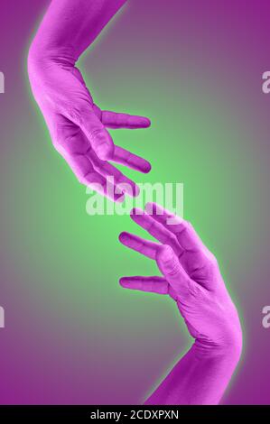 Deux mains dans un style de collage pop art dans des couleurs vives néon. Élément créatif psychédélique moderne avec paume humaine pour affiches, bannière Banque D'Images