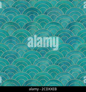 Mermaid échelle de poisson vague japonaise magie modèle sans couture. Aquarelle dessin à la main bleu sarcelle brillant avec contour doré. Forme de l'échelle de aquarelle Banque D'Images
