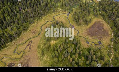 Vue aérienne de Sun Valley (Sole Valley) depuis le lac Malghette en été, Trentin-Haut-Adige, nord de l'Italie, Europe. Vue aérienne époustouflante Banque D'Images