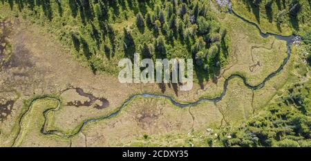 Vue aérienne de Sun Valley (Sole Valley) depuis le lac Malghette en été, Trentin-Haut-Adige, nord de l'Italie, Europe. Vue aérienne époustouflante Banque D'Images