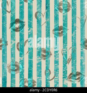 Arrière-plan vintage avec coeurs et lèvres aquarelle sur le bleu turquoise rayures sans couture motif. Aquarelle peinte à la main rayures de couleur ancienne texture grunge. PR Banque D'Images