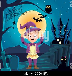 Garçon avec un costume d'halloween en face de la maison à la conception de nuit, les vacances et l'illustration de vecteur de thème effrayant Illustration de Vecteur