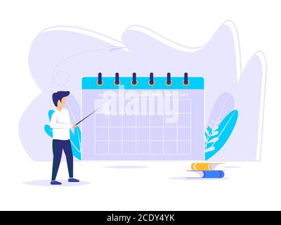 Concept de planification de la personne. Un entrepreneur planifie et remplit un calendrier. Illustration vectorielle masculine montrant le calendrier des activités et des événements qui régit Illustration de Vecteur