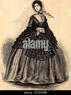 . Livre de la dame de Godey . Fait de soie de Foulard, le lilas rodé, et les figures en violet et or; la garniture sur les theskirt et les manches est liée avec un ruban de couleur or. La ceinture est bordée d'un ruban violet à volants. 35* 427 L'ALMERIAN. [De l'établissement de G. Brodie, 51 Canal Street, New York. Tiré par L. T Votot d'articles de costume réels.]. Ce style, fait de soie de hlaek lourd, est parmi les plus belles nouveautés de la printemps homme-tillas. Aucune description n'est requise, car son mode est entièrement expliqué par l'illustration. 428 NOM DU MARQUAGE. Banque D'Images