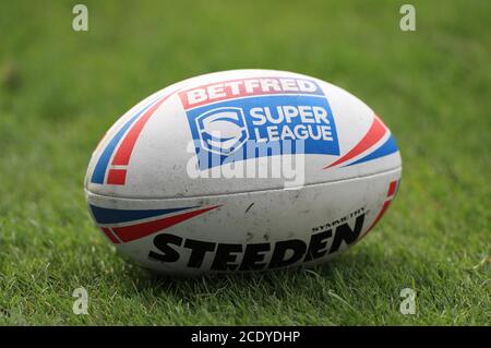 Une vue générale d'un ballon de match Steeden pendant le match de la Super League de Betfred au stade Halliwell Jones, Warrington. Banque D'Images