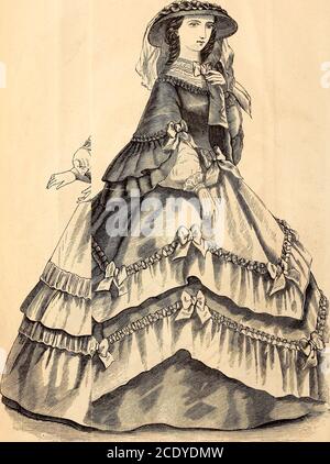 . Livre de la dame de Godey . Ross de soie mauve, avec des carrés à l'ombre plus claire, bordés de velours noir. Chapeau Whitechip, orné de dentelle noire, de violettes et de côtes violettes. Figure 1.—jupe en soie bleue Azurllne et chemise Garibaldi en mousseline blanche. Le devant de la chemise est incrusté de plastres, qui sont richement brodées. Figure 2.—Costume garçon en popeline gris minéral, orné de velours rose sublime, ceinture et noeud à nouer au cou à assortir. Chapeau de paille GR^y, garni de velours sublime rose et de panache. L862.. Soie de printemps mauve, avec soie i, garnie d'ornières et d'arcs de ruban vert. Chapeau de paille (suitableet vert ri Banque D'Images