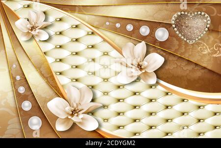 papier peint mural 3d fauteuil classique dans l'espace intérieur classique.murs avec moulures, cornice orné colonnes décoratives et fleurs bijoux, lea doré Banque D'Images