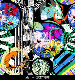 arrière-plan à motifs géométriques sans couture, style rétro/vintage, avec cercles, rayures, fleurs, traits et éclaboussures Illustration de Vecteur