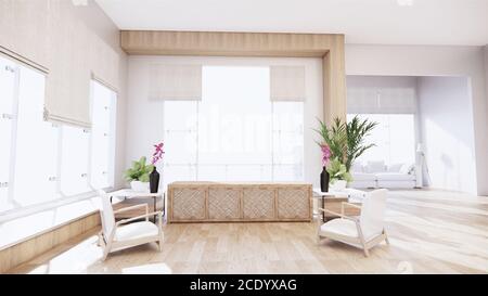 Un salon avec un canapé dans un style minimaliste salon de style tropical blanc avec plancher de bois. Rendu 3D Banque D'Images