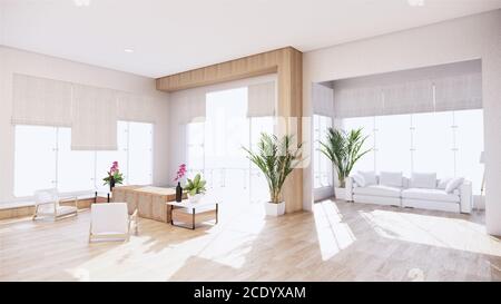 Un salon avec un canapé dans un style minimaliste salon de style tropical blanc avec plancher de bois. Rendu 3D Banque D'Images