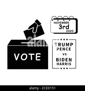 Élection présidentielle américaine de 2020 le 3 novembre. Vote par bulletin vote votes pour Donald Trump et Mike Pence contre Joe Biden et Kamala Harris. Noir et WHI Illustration de Vecteur