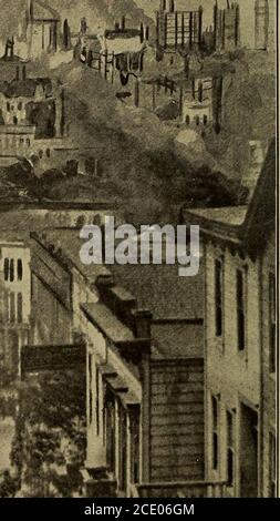 . L'histoire du désastre de San Francisco et de l'horreur du Vésuve . I;-!: Copyright 1906 par l'American—Journal—Examiner. LE QUARTIER DES AFFAIRES DE FLAMES. Scène de Telegraph Hill alors que la conflagration était à son pire. CHAPITRE I DESTRUCTION DE la ville du Golden Gate de SAN FRANCISCO anéantie par le tremblement de terre et le feu—le premier choc arrive au crépuscule mystérieux de l'aube—la ruée vers la population entière en demi-Clad dans les Streets pour se retrouver impuissants dans la Pres-ence du destin—les grands éclats de ciel se mettent à la ruine, enterrant des centaines de débris— L'immense Confla-gration complète l'épave de la matière et le Crash Banque D'Images