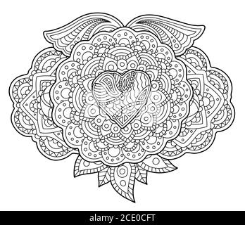 Page de livre de coloriage pour adultes avec beau art avec coeur décoratif forme et ailes sur fond blanc Illustration de Vecteur