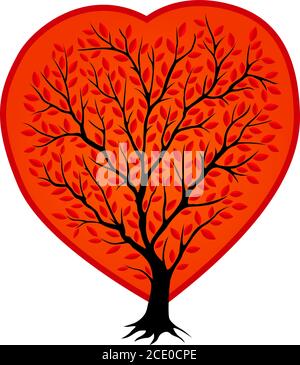 Belle falaise avec silhouette d'arbre noire en forme de rouge de cœur sur fond blanc Illustration de Vecteur